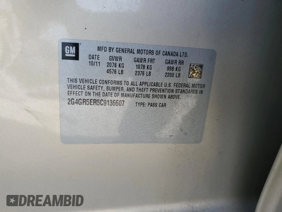 2012 Buick Regal with VIN 2G4GR5ER5C9136607, listed as a Copart auction lot 46616955 with 74,976 mi miles and Salvage title. Bid and sale history available at DreamBid. Image 12.