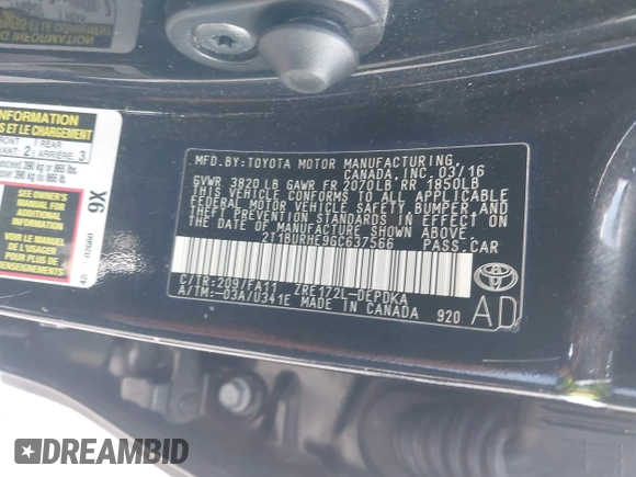 2016 Toyota Corolla L with VIN 2T1BURHE9GC637566, listed as a IAAI auction lot 42106364 with 124,507 mi miles and . Bid and sale history available at DreamBid. Image 9.