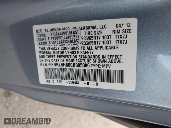 2012 Honda Odyssey EX-L with VIN 5FNRL5H60CB095086, listed as a IAAI auction lot 42251330 with 144,232 mi miles and . Bid and sale history available at DreamBid. Image 9.