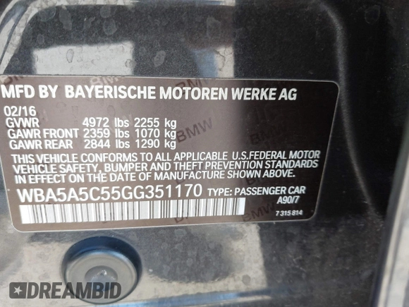 2016 BMW 5 Series 528i with VIN WBA5A5C55GG351170, listed as a IAAI auction lot 41993239 with 147,221 mi miles and . Bid and sale history available at DreamBid. Image 9.