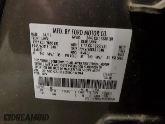 2013 Ford Edge SEL with VIN 2FMDK3JC2DBC16194, listed as a Copart auction lot 51583605 with 186,047 mi miles and Clean Title. Bid and sale history available at carsss.com. Image 12.