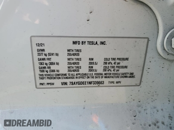 2022 Tesla Model Y Long Range with VIN 7SAYGDEE1NF339663, listed as a Copart auction lot 49771965 with 33,734 mi miles and Salvage Title. Bid and sale history available at carsss.com. Image 15.