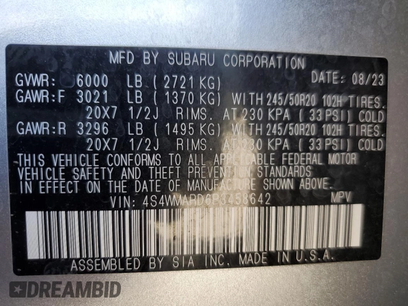2023 Subaru Ascent Limited z VIN 4S4WMARD6P3458642, wystawiony jako Copart lot #73321304 z przebiegiem 11 253 mil mil oraz Szkoda całkowita • Salvage title. Historia ofert i sprzedaży dostępna na DreamBid. Obrazek 13.