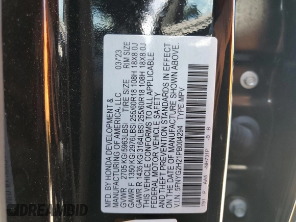 2023 Honda Pilot LX with VIN 5FNYG2H21PB004294, listed as a Copart auction lot 58257395 with 31,498 mi miles and Salvage title. Bid and sale history available at DreamBid. Image 13.