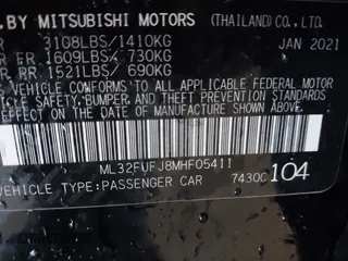 2021 Mitsubishi Mirage G4 ES with VIN ML32FUFJ8MHF05411, listed as a IAAI auction lot 41716053 with 206,842 mi miles. Bid and sale history available at carsss.com. Image 9.