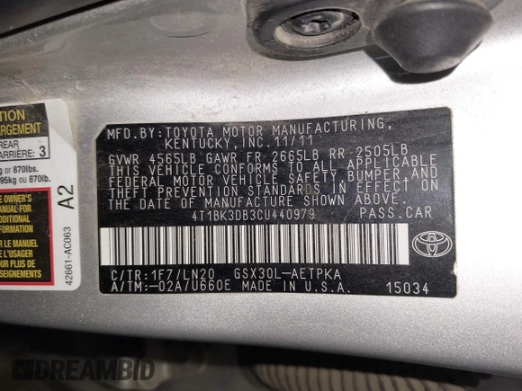 2012 Toyota Avalon with VIN 4T1BK3DB3CU440979, listed as a IAAI auction lot 41915347 with 131,046 mi miles. Bid and sale history available at carsss.com. Image 9.