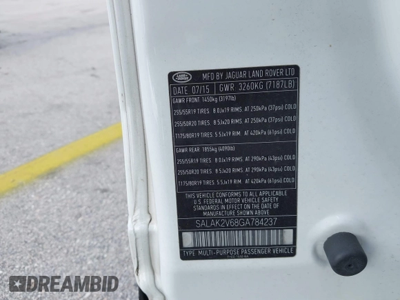 2016 Land Rover LR4 HSE Lux with VIN SALAK2V68GA784237, listed as a IAAI auction lot 39564083 with Not Provided miles and . Bid and sale history available at DreamBid. Image 9.