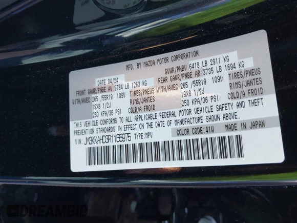 2024 Mazda CX-90 Select z VIN JM3KKAHD3R1165975, wystawiony jako IAAI lot #42086144 z przebiegiem 10 317 mil mil oraz . Historia ofert i sprzedaży dostępna na DreamBid. Obrazek 9.