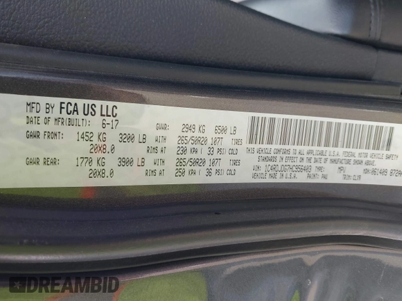 2017 Dodge Durango GT with VIN 1C4RDJDG7HC956403, listed as a IAAI auction lot 41653744 with 95,073 mi miles and . Bid and sale history available at carsss.com. Image 9.