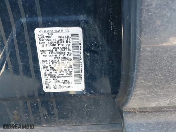 2004 Nissan Murano SE with VIN JN8AZ08WX4W340556, listed as a IAAI auction lot 41633661 with 168,570 mi miles. Bid and sale history available at carsss.com. Image 9.
