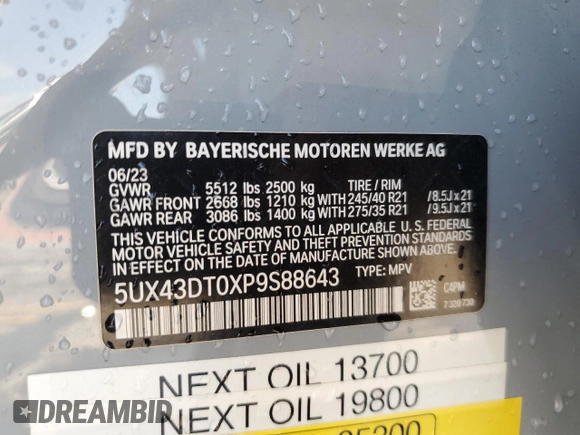 2023 BMW X4 M40i with VIN 5UX43DT0XP9S88643, listed as a Copart auction lot 62932485 with 27,865 mi miles and Salvage title. Bid and sale history available at DreamBid. Image 14.