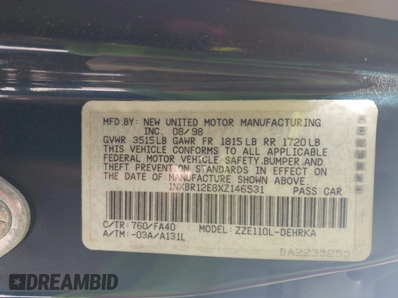 1999 Toyota Corolla VE with VIN 1NXBR12E8XZ146531, listed as a IAAI auction lot 42316070 with 136,123 mi miles and . Bid and sale history available at DreamBid. Image 9.
