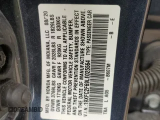 2020 Honda Civic LX with VIN 19XFC2F69LE025564, listed as a Copart auction lot 60811565 with 12,480 mi miles and Salvage title. Bid and sale history available at DreamBid. Image 12.