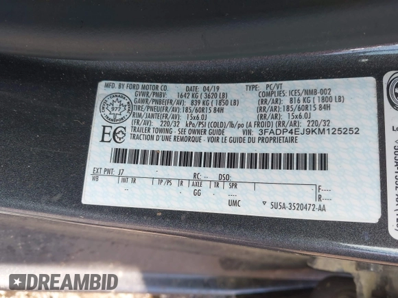 2019 Ford Fiesta SE z VIN 3FADP4EJ9KM125252, wystawiony jako IAAI lot #42221622 z przebiegiem 57 366 mil mil oraz . Historia ofert i sprzedaży dostępna na DreamBid. Obrazek 9.