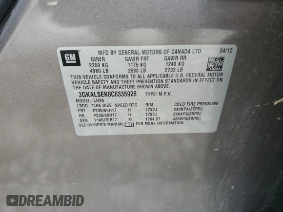 2012 GMC Terrain SLE-2 with VIN 2GKALSEK8C6335928, listed as a Copart auction lot 58833035 with 185,818 mi miles and Clean title. Bid and sale history available at DreamBid. Image 13.