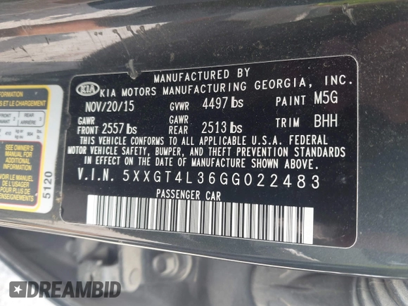 2016 Kia Optima LX with VIN 5XXGT4L36GG022483, listed as a IAAI auction lot 42533742 with 98,385 mi miles and . Bid and sale history available at DreamBid. Image 9.