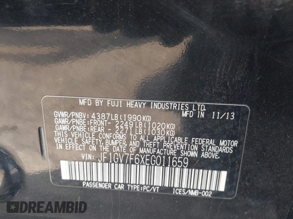 2014 Subaru Impreza Sedan WRX WRX Premium with VIN JF1GV7F6XEG011659, listed as a IAAI auction lot 41408915 with 133,836 mi miles. Bid and sale history available at carsss.com. Image 9.
