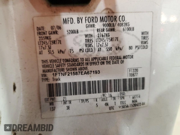 2007 Ford F-250 XL with VIN 1FTNF21587EA67193, listed as a Copart auction lot 86697654 with 196,359 mi miles and Salvage Title. Bid and sale history available at DreamBid. Image 12.