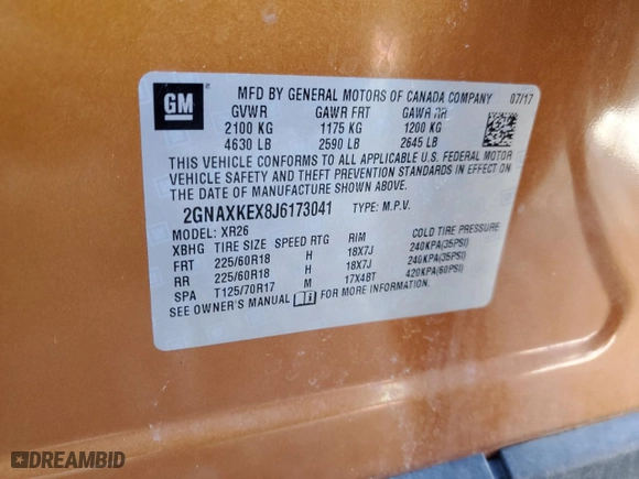2018 Chevrolet Equinox LT with VIN 2GNAXKEX8J6173041, listed as a Copart auction lot 48753195 with 67,667 mi miles and Clean Title. Bid and sale history available at carsss.com. Image 14.