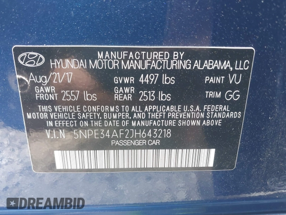 2018 Hyundai Sonata SEL with VIN 5NPE34AF2JH643218, listed as a IAAI auction lot 42139668 with 183,371 mi miles and . Bid and sale history available at carsss.com. Image 9.