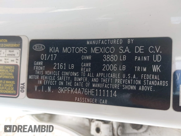 2017 Kia Forte LX with VIN 3KPFK4A76HE111114, listed as a IAAI auction lot 42010385 with 198,304 mi miles. Bid and sale history available at carsss.com. Image 9.