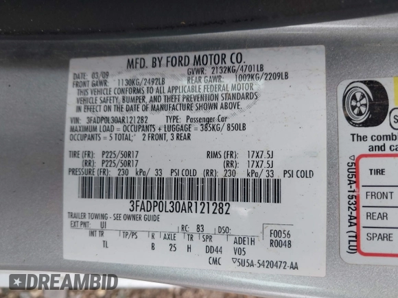 2010 Ford Fusion Hybrid with VIN 3FADP0L30AR121282, listed as a IAAI auction lot 41943397 with 109,559 mi miles. Bid and sale history available at carsss.com. Image 9.