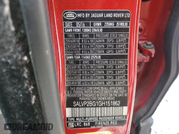 2016 Land Rover Range Rover Evoque SE with VIN SALVP2BG1GH151862, listed as a Copart auction lot 56539775 with 103,193 mi miles and Clean title. Bid and sale history available at DreamBid. Image 13.