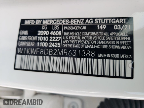 2021 Mercedes-Benz C 300 z VIN W1KWF8DB2MR631388, wystawiony jako Copart lot #59914035 z przebiegiem 45 794 mil mil oraz Szkoda całkowita • Salvage title. Historia ofert i sprzedaży dostępna na DreamBid. Obrazek 12.