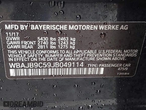 2018 BMW 5 Series M550i xDrive with VIN WBAJB9C59JB049114, listed as a IAAI auction lot 41543633 with 87,942 mi miles and . Bid and sale history available at carsss.com. Image 9.