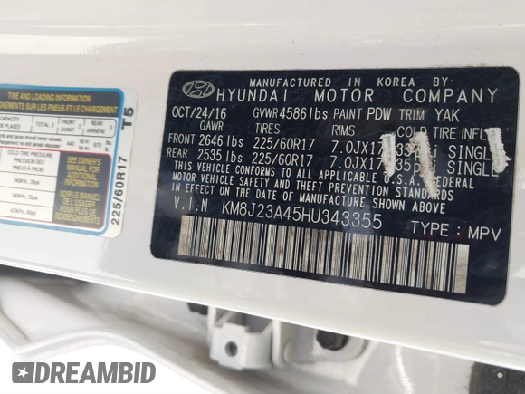 2017 Hyundai Tucson SE with VIN KM8J23A45HU343355, listed as a IAAI auction lot 41864766 with 115,931 mi miles and . Bid and sale history available at DreamBid. Image 9.
