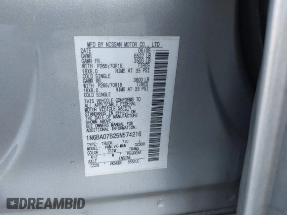 2005 Nissan Titan SE with VIN 1N6BA07B25N574216, listed as a IAAI auction lot 41896991 with Not Provided miles and . Bid and sale history available at DreamBid. Image 9.