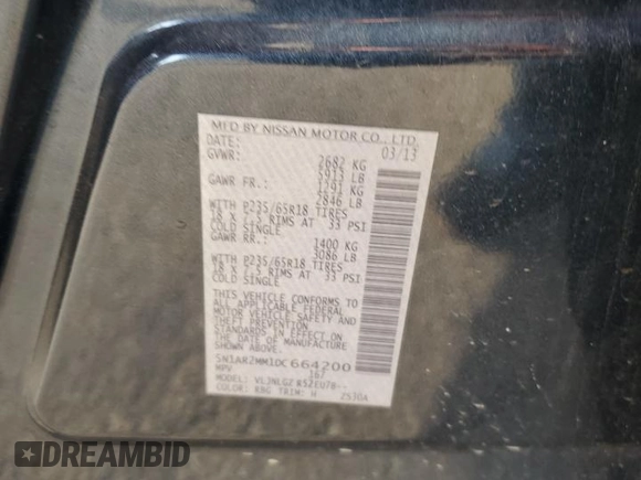 2013 Nissan Pathfinder SV с VIN 5N1AR2MM1DC664200, выставлен на аукционе Copart как лот 60514375 с пробегом 139 652 миль миль и Списание • Salvage title. История ставок и продаж доступна на DreamBid. Изображение 12.
