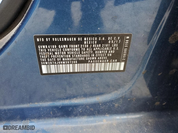 2017 Volkswagen Jetta 1.4T S with VIN 3VW2B7AJ6HM397206, listed as a Copart auction lot 47871765 with 0 mi miles and Salvage Title. Bid and sale history available at carsss.com. Image 13.