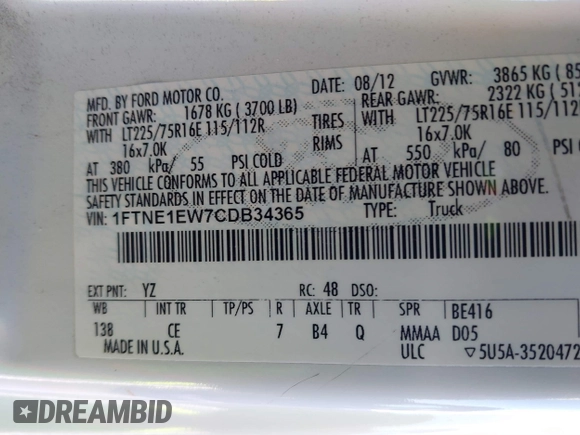 2012 Ford Econoline Cargo Commercial with VIN 1FTNE1EW7CDB34365, listed as a IAAI auction lot 41475570 with 278,883 mi miles and . Bid and sale history available at DreamBid. Image 9.