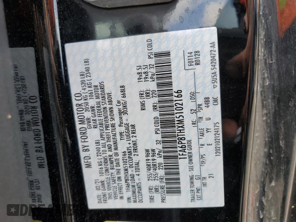 2021 Ford Mustang EcoBoost with VIN 1FA6P8THXM5102166, listed as a Copart auction lot 51295965 with 52,342 mi miles and Salvage Title. Bid and sale history available at carsss.com. Image 13.