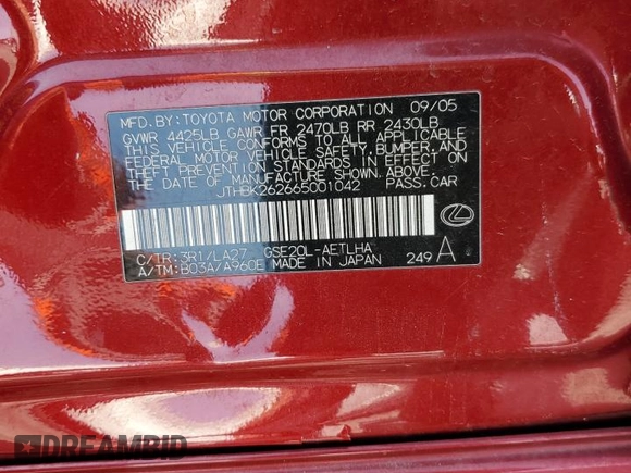 2006 Lexus IS 250 Manual with VIN JTHBK262665001042, listed as a Copart auction lot 49004915 with 162,157 mi miles and Salvage Title. Bid and sale history available at carsss.com. Image 12.