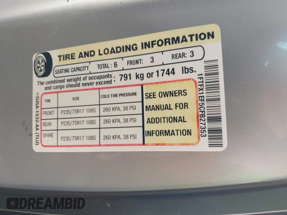 2012 Ford F-150 XL with VIN 1FTFX1EF5CFB27353, listed as a IAAI auction lot 41617984 with 219,875 mi miles. Bid and sale history available at carsss.com. Image 9.