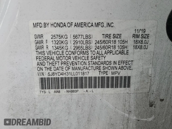 2020 Acura MDX z VIN 5J8YD4H31LL011817, wystawiony jako Copart lot #54788235 z przebiegiem 105 057 mil mil oraz Szkoda całkowita • Salvage title. Historia ofert i sprzedaży dostępna na DreamBid. Obrazek 13.