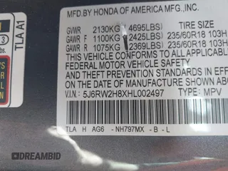 2017 Honda CR-V EX-L with VIN 5J6RW2H8XHL002497, listed as a IAAI auction lot 41816436 with 88,916 mi miles. Bid and sale history available at carsss.com. Image 9.