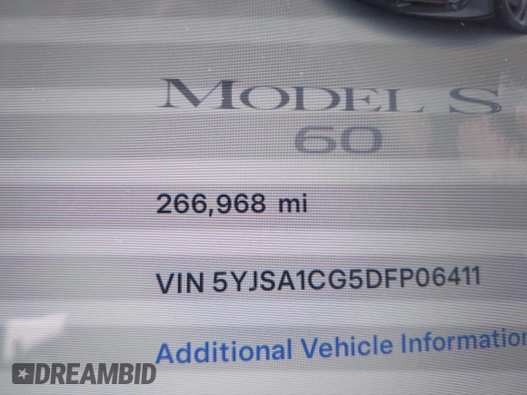2013 Tesla Model S с VIN 5YJSA1CG5DFP06411, выставлен на аукционе IAAI как лот 41079914 с пробегом 266 968 миль миль и . История ставок и продаж доступна на DreamBid. Изображение 15.