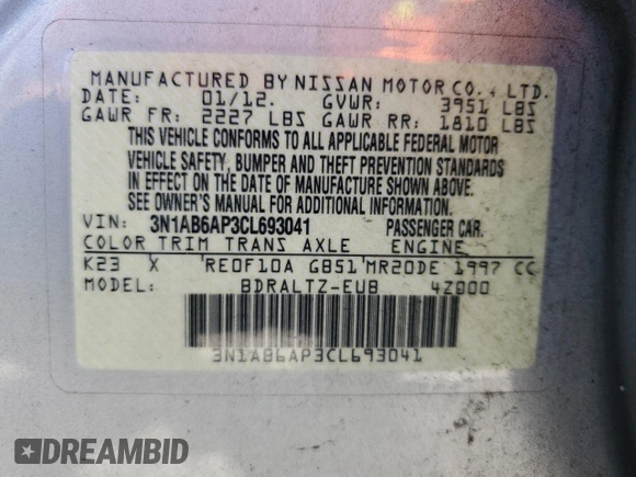 2012 Nissan Sentra S with VIN 3N1AB6AP3CL693041, listed as a Copart auction lot 63738415 with 144,112 mi miles and Salvage title. Bid and sale history available at DreamBid. Image 13.