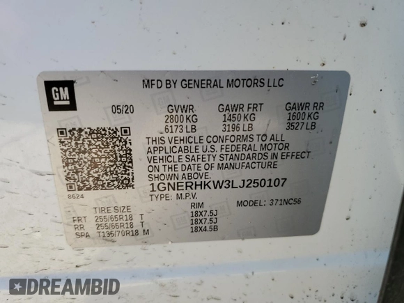 2020 Chevrolet Traverse LT Leather with VIN 1GNERHKW3LJ250107, listed as a Copart auction lot 47088285 with 108,334 mi miles and Salvage Title. Bid and sale history available at carsss.com. Image 13.