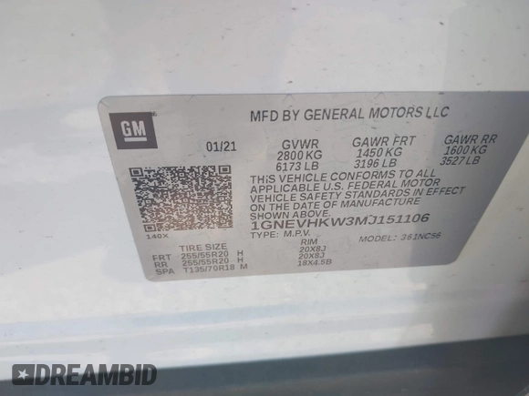 2021 Chevrolet Traverse LT z VIN 1GNEVHKW3MJ151106, wystawiony jako IAAI lot #42138456 z przebiegiem 46 605 mil mil oraz . Historia ofert i sprzedaży dostępna na DreamBid. Obrazek 9.