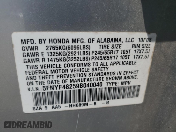 2009 Honda Pilot LX with VIN 5FNYF48259B040040, listed as a Copart auction lot 59860445 with 213,459 mi miles and Salvage title. Bid and sale history available at DreamBid. Image 14.