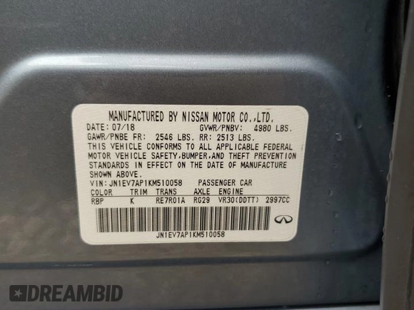 2019 Infiniti Q50 Luxe with VIN JN1EV7AP1KM510058, listed as a Copart auction lot 58036965 with 53,779 mi miles and Salvage title. Bid and sale history available at DreamBid. Image 12.