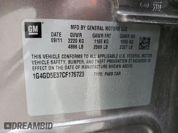 2012 Buick LaCrosse Premium 1 with VIN 1G4GD5E37CF176723, listed as a Copart auction lot 55230075 with 147,210 mi miles and Salvage title. Bid and sale history available at DreamBid. Image 12.