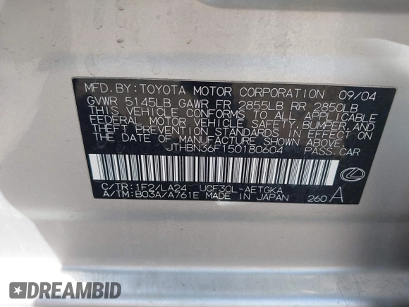 2005 Lexus LS 430 z VIN JTHBN36F150180604, wystawiony jako IAAI lot #41673727 z przebiegiem 182 363 mil mil oraz . Historia ofert i sprzedaży dostępna na DreamBid. Obrazek 9.