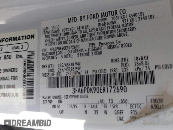 2014 Ford Fusion Titanium with VIN 3FA6P0K90ER172690, listed as a IAAI auction lot 42697162 with Not provided miles and . Bid and sale history available at DreamBid. Image 9.