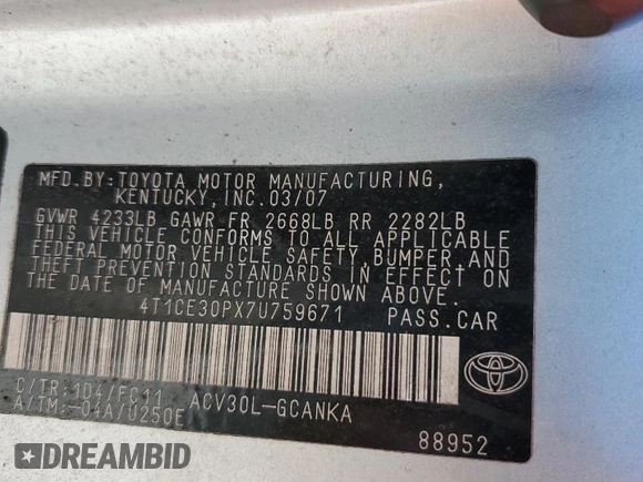 2007 Toyota Solara SE with VIN 4T1CE30PX7U759671, listed as a Copart auction lot 72579714 with Not Provided miles and Salvage Title. Bid and sale history available at DreamBid. Image 12.
