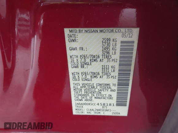 2012 Nissan Frontier SV with VIN 1N6AD0ER5CC458181, listed as a IAAI auction lot 42742536 with 308,786 mi miles and . Bid and sale history available at DreamBid. Image 9.